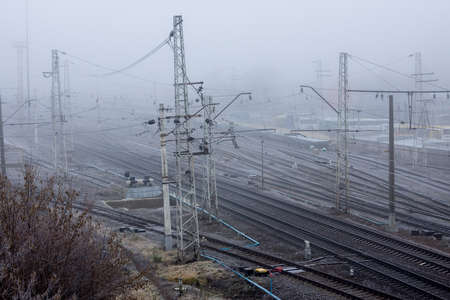 Railway in the cold misty morning