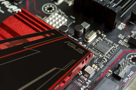 TVER, RUSSIA - NOVEMBER, 21, 2016: Unpacked new motherboard ASUS and its connectorsのeditorial素材