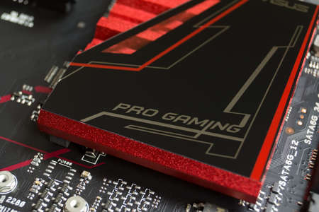 TVER, RUSSIA - NOVEMBER, 21, 2016: Unpacked new motherboard ASUS, closeup.