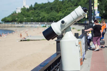 KHABAROVSK, RUSSIA - JULY, 22, 2017: Stationary viewing binoculars on the embankment of the Amur river.のeditorial素材