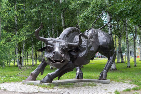 KHABAROVSK, RUSSIA - JULY, 25, 2017: Zodiac sign Taurus in the Park at the Amur Boulevard.のeditorial素材