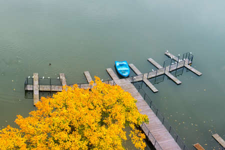 Wooden pier with a lonely boat under a tree with yellow foliage