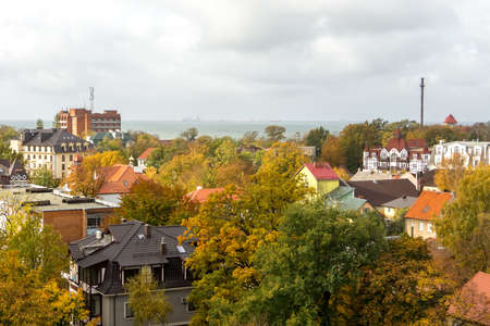 View from the observation deck on the autumn city and the sea, Zelenogradsk, Russia.