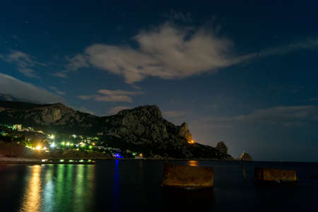 Cat Mountain on the southern coast of Crimea at nightの写真素材