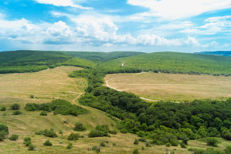 Low forest hills and rocks on a sunny summer day