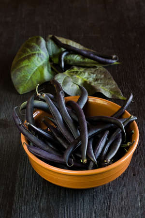 Purple bean pods (haricot) in a clay bowl on a wooden table, legumes harvestの写真素材