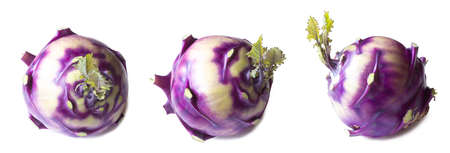 Three purple kohlrabi cabbage isolated on whiteの写真素材