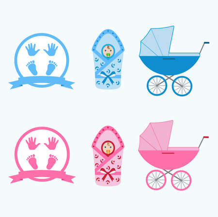 Child with a stroller and footprints vector illustration.