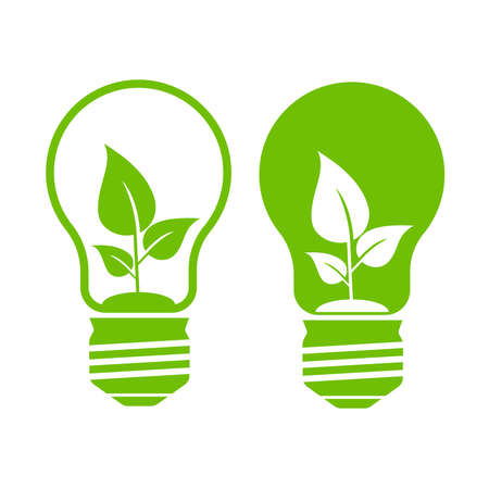 Flat illustration of green light bulb with leaf insideのイラスト素材