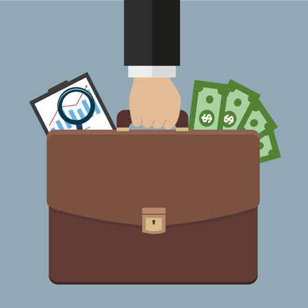 Businessman's hand holding briefcase on a gray backgroundのイラスト素材