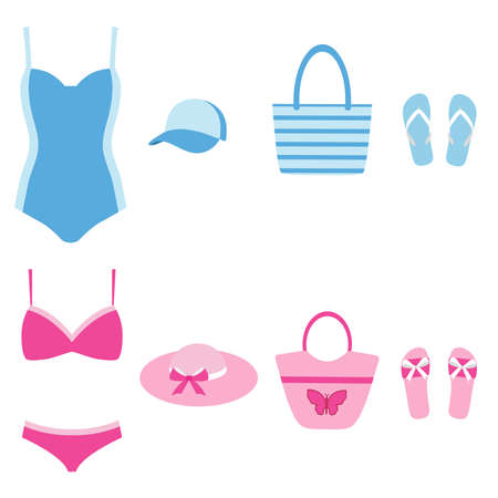 Vector illustration of a female beach set on a white background.のイラスト素材