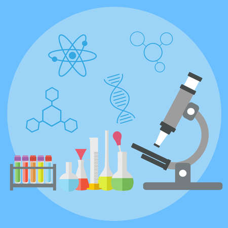 Microscope and test tubes on a blue backgroundのイラスト素材
