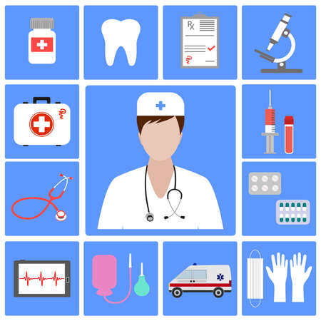 Illustration doctor with flat medical icons for web design.のイラスト素材