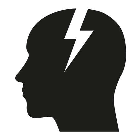 Human head with lightning bolt glyph icon. Artificial intelligence. Silhouette symbol. Brain charging.のイラスト素材