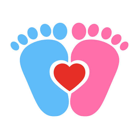 blue and pink baby footprints with red heart on white background. Vector illustration.のイラスト素材