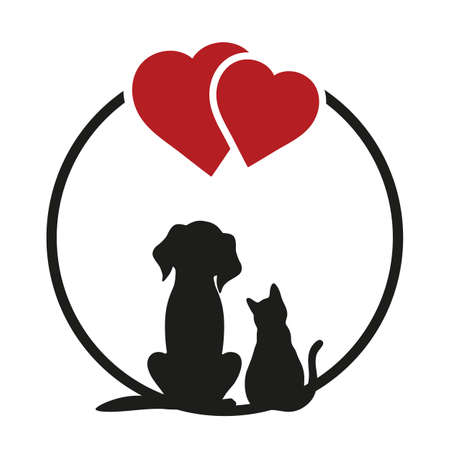 Round sighn, can use for pet shop icon, veterinary clinic, etc. Cat and dog silhouettes on a white backgroundのイラスト素材