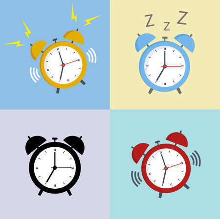 set of alarm clocks on a colorful backgroundのイラスト素材