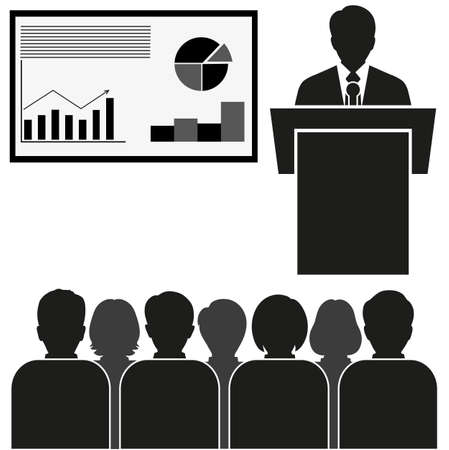 Business Seminar.Business Man Tribune Speech People Group Meeting Silhouettes on White Backgroundのイラスト素材