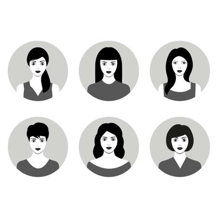 Set of diverse round avatars women isolated on white background. Different clothes and hair styles. Simple flat cartoon styleのイラスト素材