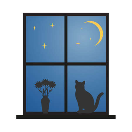 cat sitting on the window against the starry skyのイラスト素材