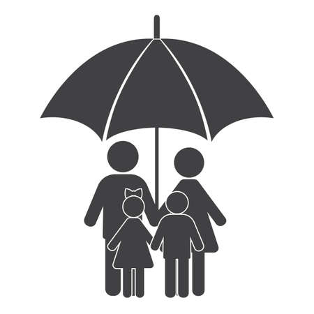 Man, woman and children hold hands under an umbrella.のイラスト素材