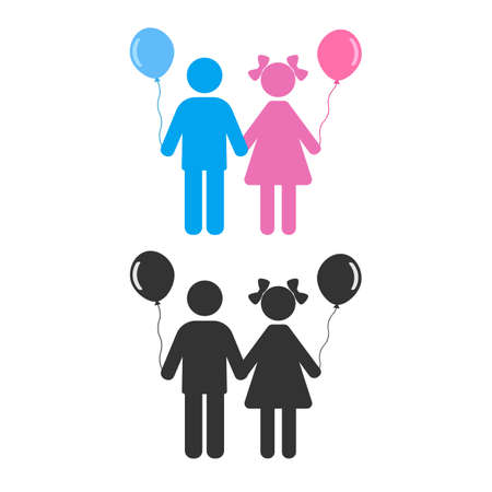 set of silhouettes of children with balloonsのイラスト素材