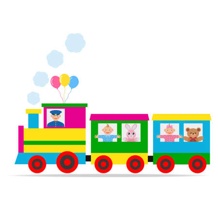 multi-colored toy locomotive with a boy, girl, animals and a driverのイラスト素材