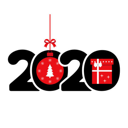 Happy New Year 2020 Card with gift and Christmas decoration