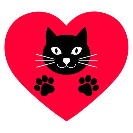 cute black cat with paws on a background of red heartsのイラスト素材