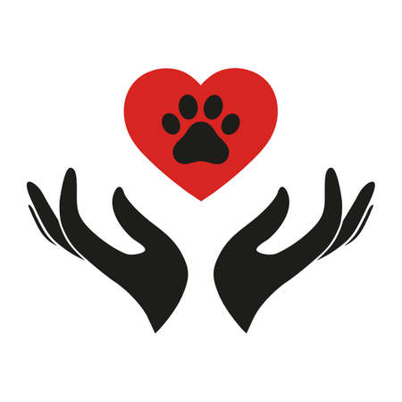 illustration veterinary logo of a hand holding a red heart with a dog pawのイラスト素材