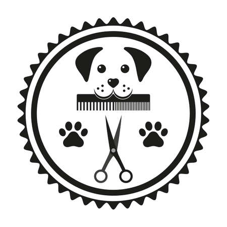 Emblem animal grooming dog head with comb and scissors in a circleのイラスト素材