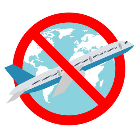 no airplane sign in red crossed circle with globeのイラスト素材