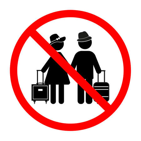 travel forbidden sign in red crossed out circle on a white backgroundのイラスト素材