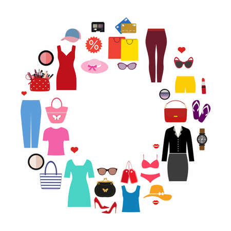 Set of fashionable women's clothing and accessories in the shape of a circle.のイラスト素材