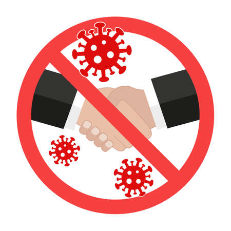 Sign forbidden handshake in a red crossed out circle, avoiding physical contact and viral infection.のイラスト素材