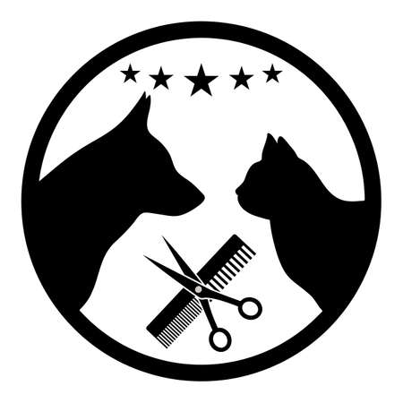 emblem of the hairdresser for animals. silhouette of dogs and cats in a circle on a white backgroundのイラスト素材
