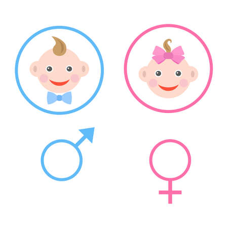 illustration of boy and girl head in pink and blue circle with symbolsのイラスト素材