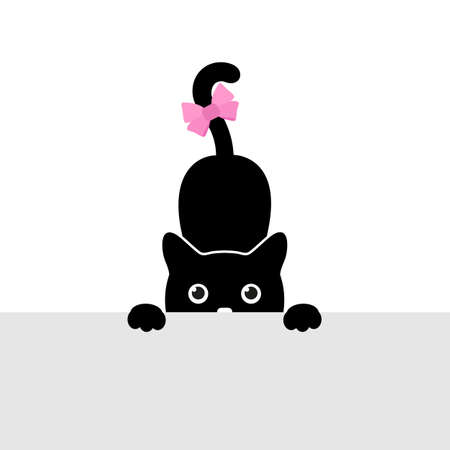 illustration of a cute black kitten with a bow looking at the tableのイラスト素材
