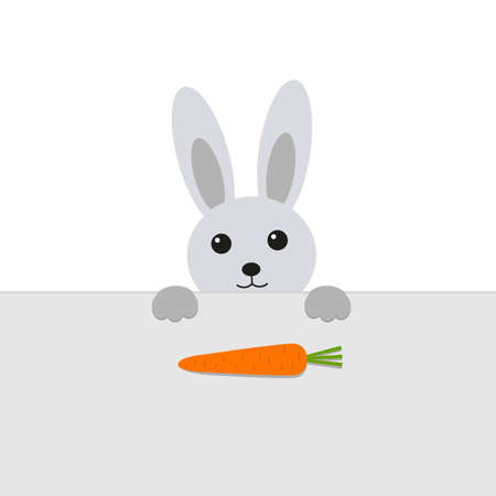illustration of cute gray rabbit looking at carrots on the tableのイラスト素材