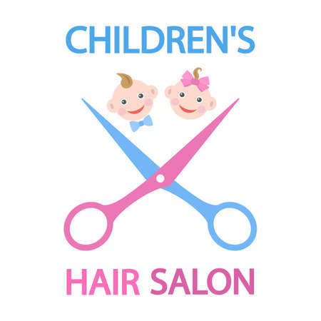 Children hair salon. Children faces and scissors with text on a white background.のイラスト素材