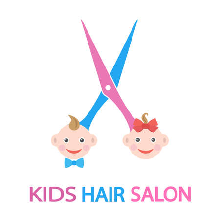 illustration of kids hair salon. kids faces with scissors on white backgroundのイラスト素材