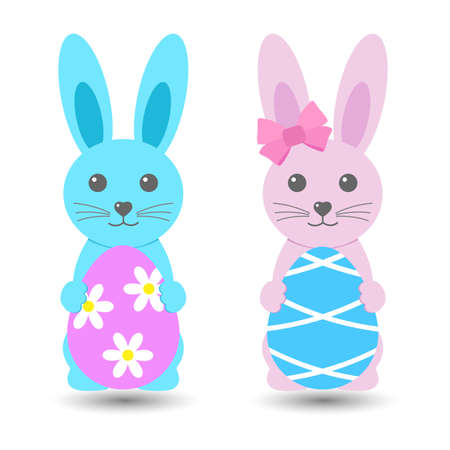 Illustration of cute easter bunnies with colored eggs and shadow on a white backgroundのイラスト素材