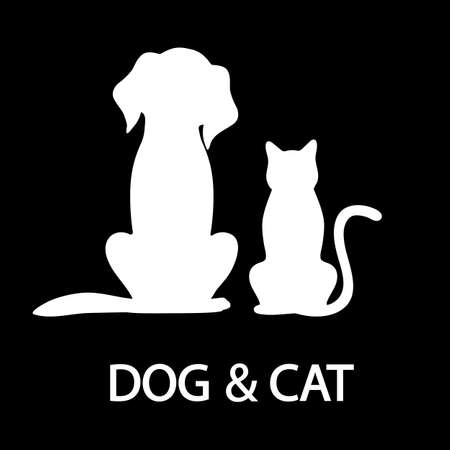 illustration of silhouettes of white cat and dog on a black background on a black backgroundのイラスト素材