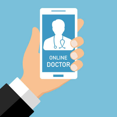 Online doctor and medical consultation concept illustration. Male doctor helps a patient on a smartphone.のイラスト素材