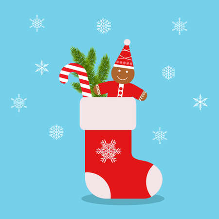 Christmas sock with gifts, gingerbread man and spruce branch on a blue background with snowflakes.のイラスト素材