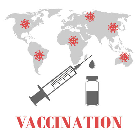 illustration of vaccination against coronavirus. syringe with ampoule on the background of the globeのイラスト素材