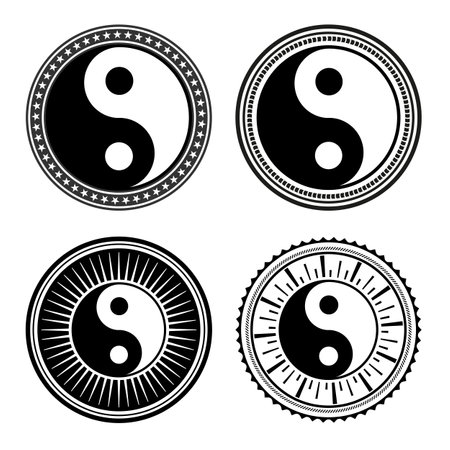 set of hand drawn yin yang signs in a variety of designs on a white backgroundのイラスト素材