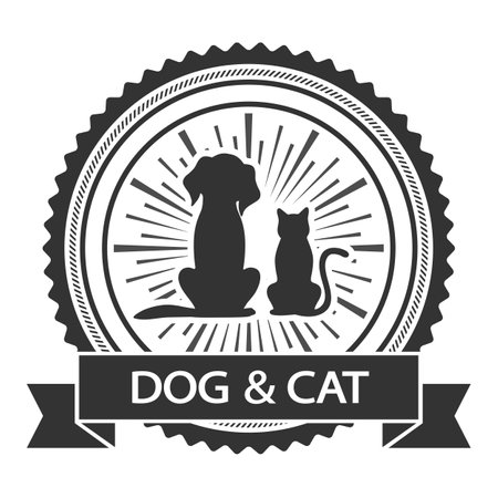illustration Animal care and protect clinic logo. Dog and cat emblem with banner on white background.のイラスト素材