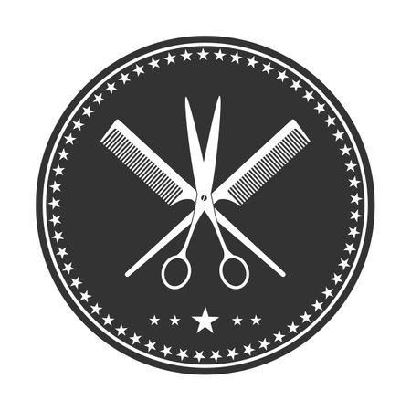 modern creative barber shop logo. scissors with comb in circle with starsのイラスト素材