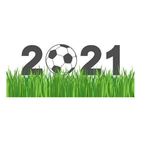 Illustration of a soccer ball on green grass with text.のイラスト素材